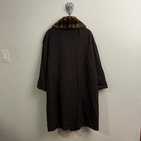 Vintage XL Made in Italy brown trench coat fur collar winter lambs wool classic - Picture 7 of 12